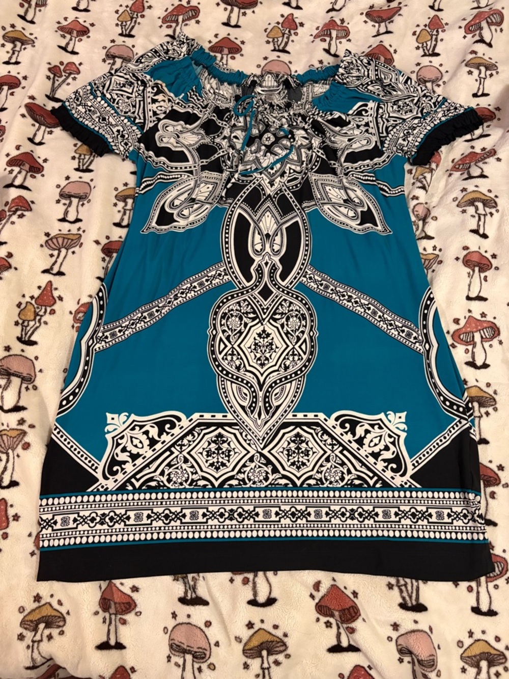 Y2K Boho Teal Black and White Printed Off The Shoulder Dress Size 14